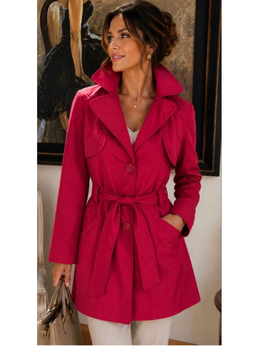 New COLEBROOK Red Trench Coat with Black Polka Dot Lining M